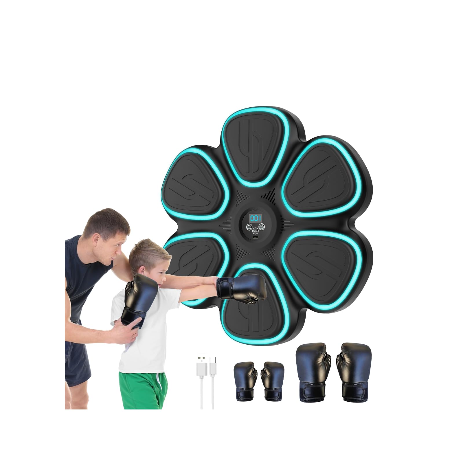 Music Boxing Machine, Bluetooth Elektronische Boxmaschine mit 2 Paar Boxhandschuhen, 9 Geschwindigkeits und Trainingsmodi, Zählmodus, LED Licht Musikboxing Maschine für Erwachsene und Kinder (Schwarz)