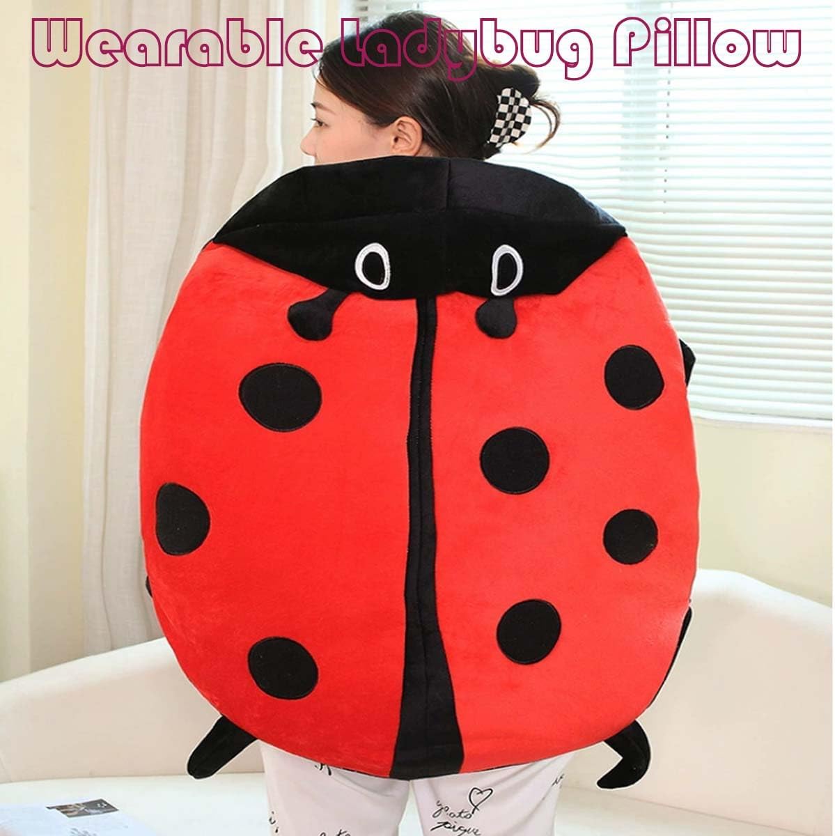 Wearable Ladybug Pillow, 23.6/39.4in Cute Warm Removable Sleeping Wearable Lady Bug Wearable Pillows with Hat for Xmas Gift (23.6 in)