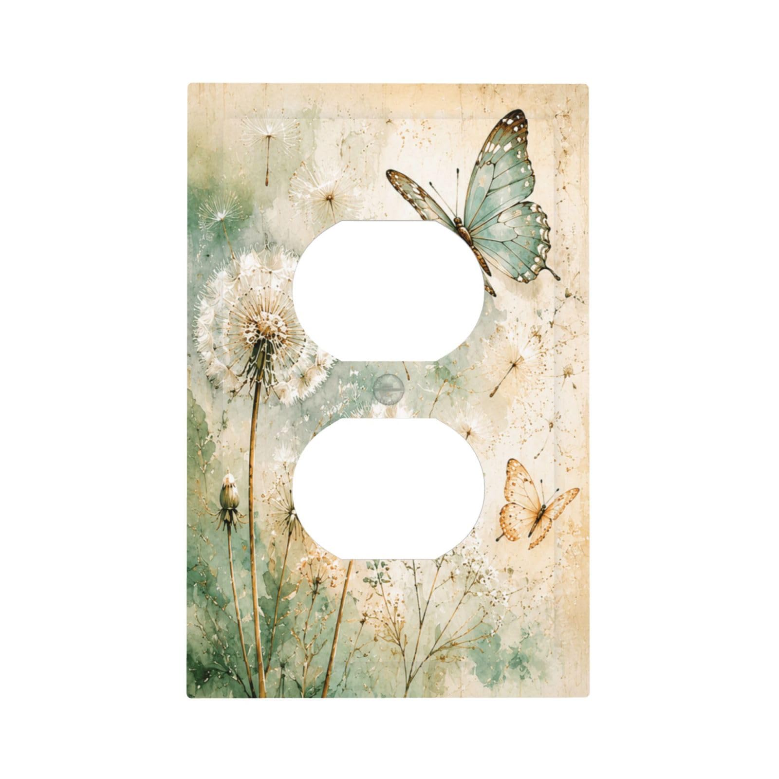 Xuejiaku Outlet Covers Watercolor Dandelion & Butterflies Decorative 1 Gang Duplex Light Switch Covers Single Electrical Receptacle Wall Plate Rustic Green Floral Switchplate for Farmhouse Home Decor