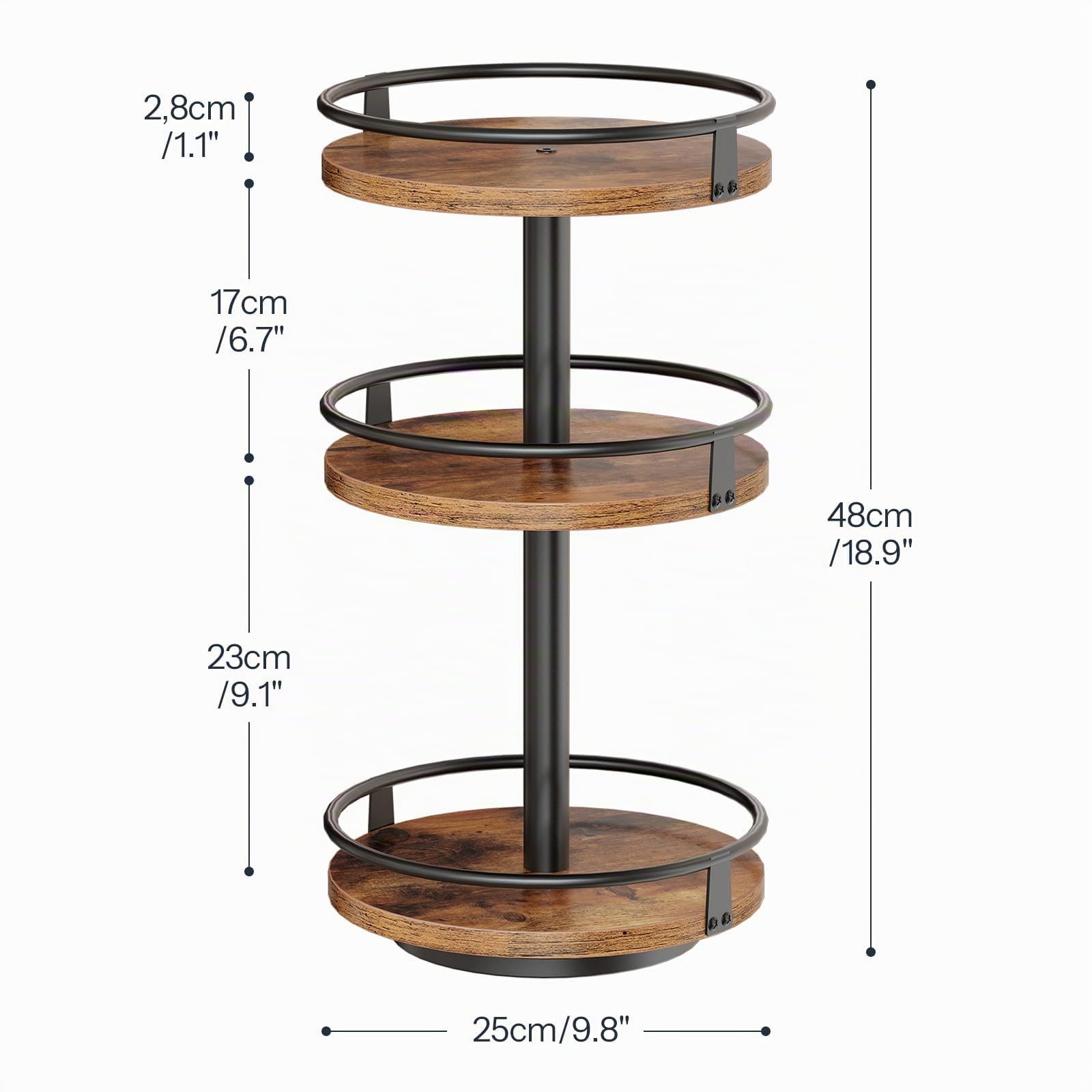 HOOBRO Estante Giratorio para Especias, Especiero Giratorio de 3 Niveles, Estante de Almacenamiento Vertical para Encimera de Cocina, Aparador, Mesa de Comedor, Marrón Rústico y Negro EBF09TL01
