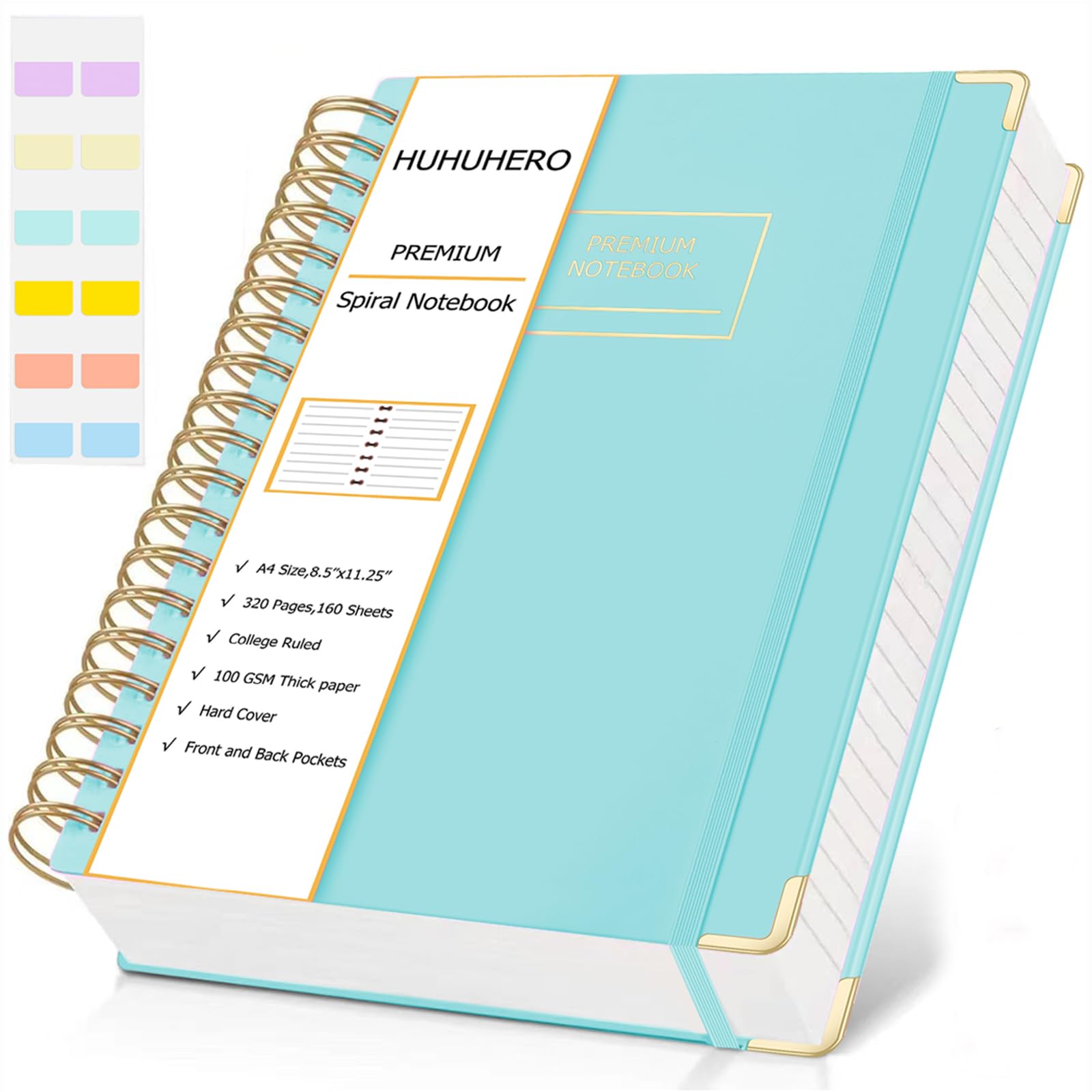 Huhuhero Large Spiral Notebook, Lined Journal Notebook 8.5" x 11", Spiral Journal for Women Men, 100Gsm Thick Paper Hardcover Bound Notebooks for Work Writing School, 24pcs Index Tabs, Mint Green