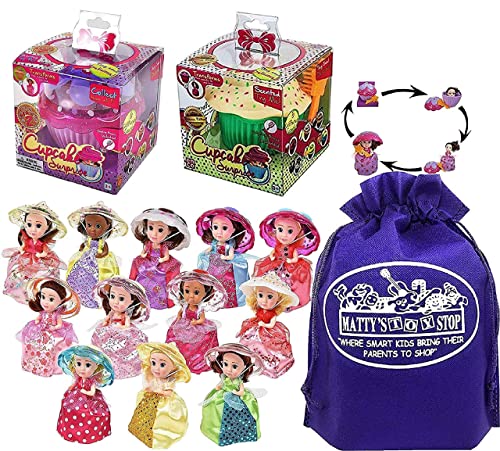 Cupcake Surprise Transforming Scented Princess Dolls Gift Set Bundle with Bonus Matty's Toy Stop Storage Bag - 2 Pack (Colors & Styles are Assorted & May Vary)