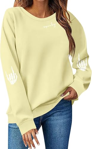 ASUIU Halloween Sweatshirt Women's Skeleton Pumpkin Coffee Ghost Shirt Spooky Se