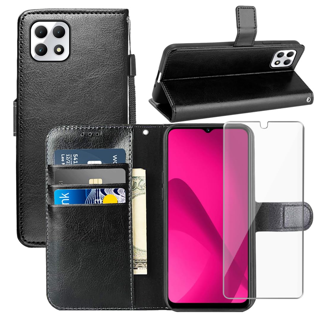 YJROP for T-Mobile REVVL 7 Case,with Screen Protector,PU Leather Wrist Strap Card Slots Shockproof Protective Flip Cover Phone Wallet Case for