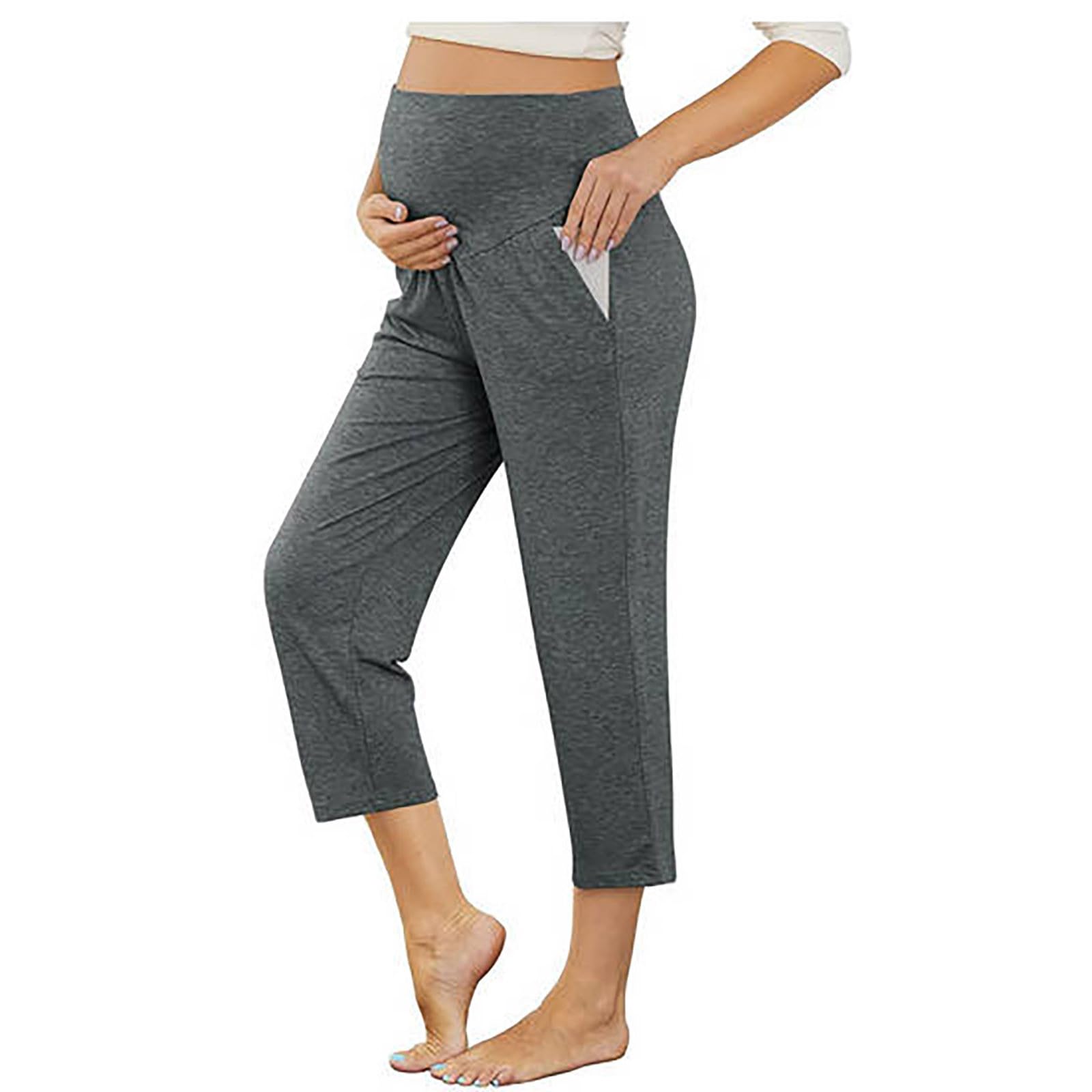 Maternity Capris Pants for Women Yoga Elastic Waist Pants Casual Comfy Cropped Pants with Pockets