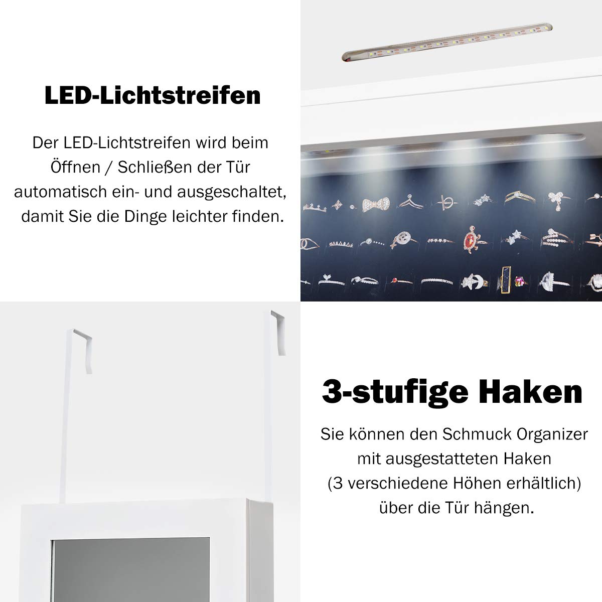 COSTWAY Szafka na biżuterię z oświetleniem LED, regał na biżuterię, montaż na drzwiach i ścianie, skrzynka na biżuterię z lustrem na całe ciało, szafka z lustrem na biżuterię, na pierścionki, haczyki