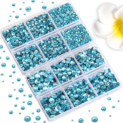 Image of 6736pcs Hotfix Rhinestones Flatback,Blue Rhinestones for Crafts Clothes Mixed 5 Sizes, Hotfix Crystals with Tweezers and Wax Pencil Kit, SS6-SS30,Aquamarine