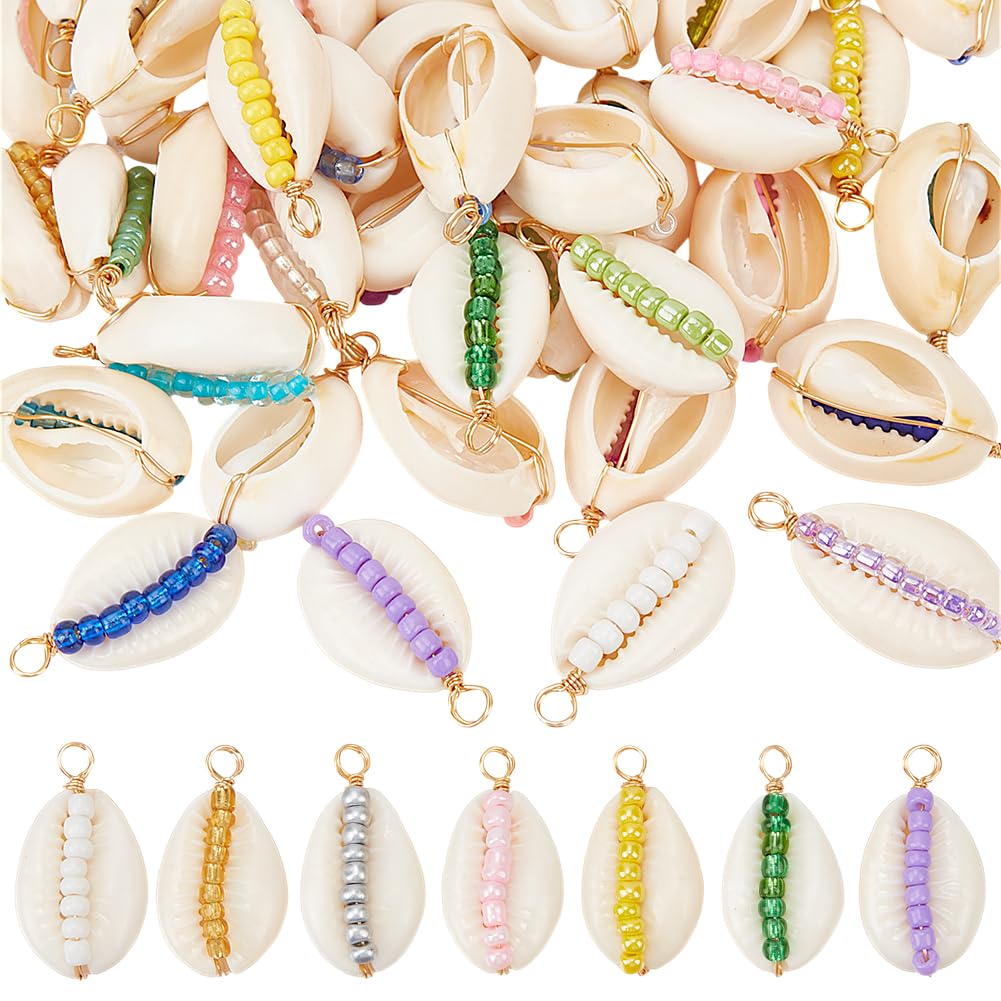 HOBBIESAY 42Pcs 7 Styles Natural Seashell Charms 29mm Shell Pendants Beaded Shell Charms Summer Ocean Themed Hawaii Charm for Earrings Bracelet Necklace Making Hole: 2mm