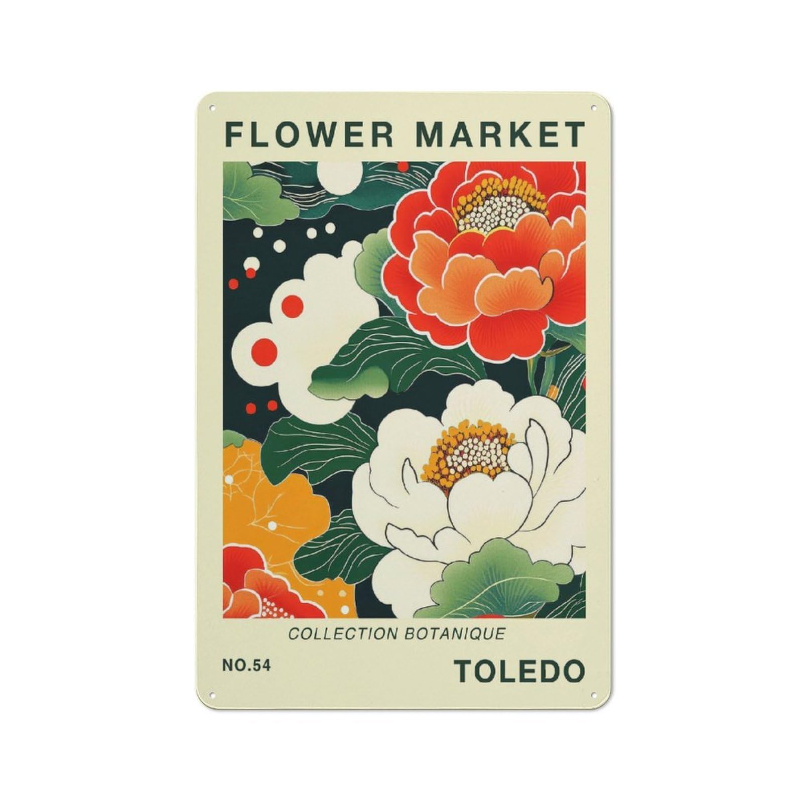 Junmoney Style-22 Toledo Flower Market Botanical Travel Art Print Rustic Metal Sign 30X20cm, Barn Style Farmhouse Wall Decor For Kitchen, Cottage, Porch Or Garden Room