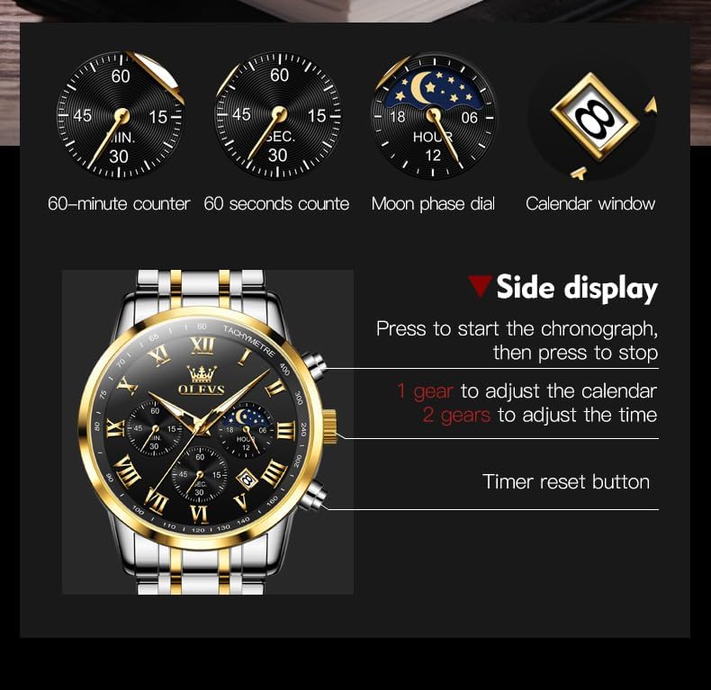 OLEVS Mens Watches Luxury Big Face Waterproof Stainless Steel Analog Quartz Multifunctional Luminous Date Two Tone Fashion Dress Wrist Watches for Man - Image 5