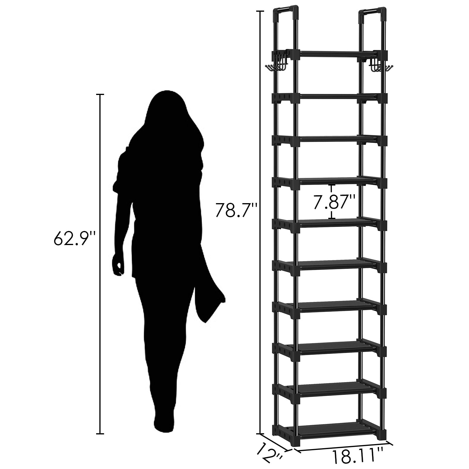 Kayfia Vertical Shoe Rack 10 Tiers Narrow Shoe Rack for Closet DIY Shoe Tower Holds 20-25 Pairs Durable Stackable Shoe Shelf Space Saving Shoe Stand with 2 Hooks Metal Shoe Organizer for Closet, Black