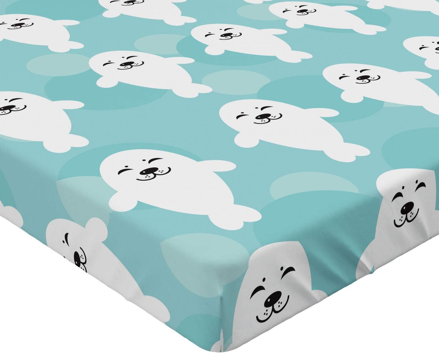 Ambesonne Sea Animals Fitted Sheet, Seals with Faces Smiling Cheerful Theme, Bed Cover with All-Round Elastic Deep Pocket for Comfort, Queen Size, Turquoise Pale Blue