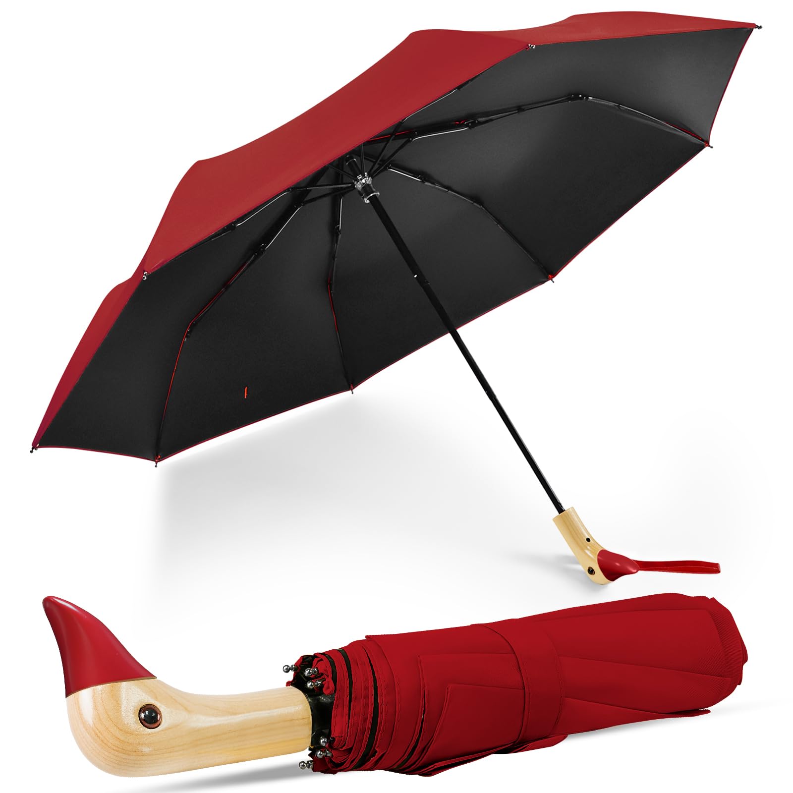 LEAGERA Compact Small Umbrellas for Rain&Sun, Cute Design Duck Head Umbrella for Girls Gifts, 8 Ribs Folding Umbrella with Wooden Handle