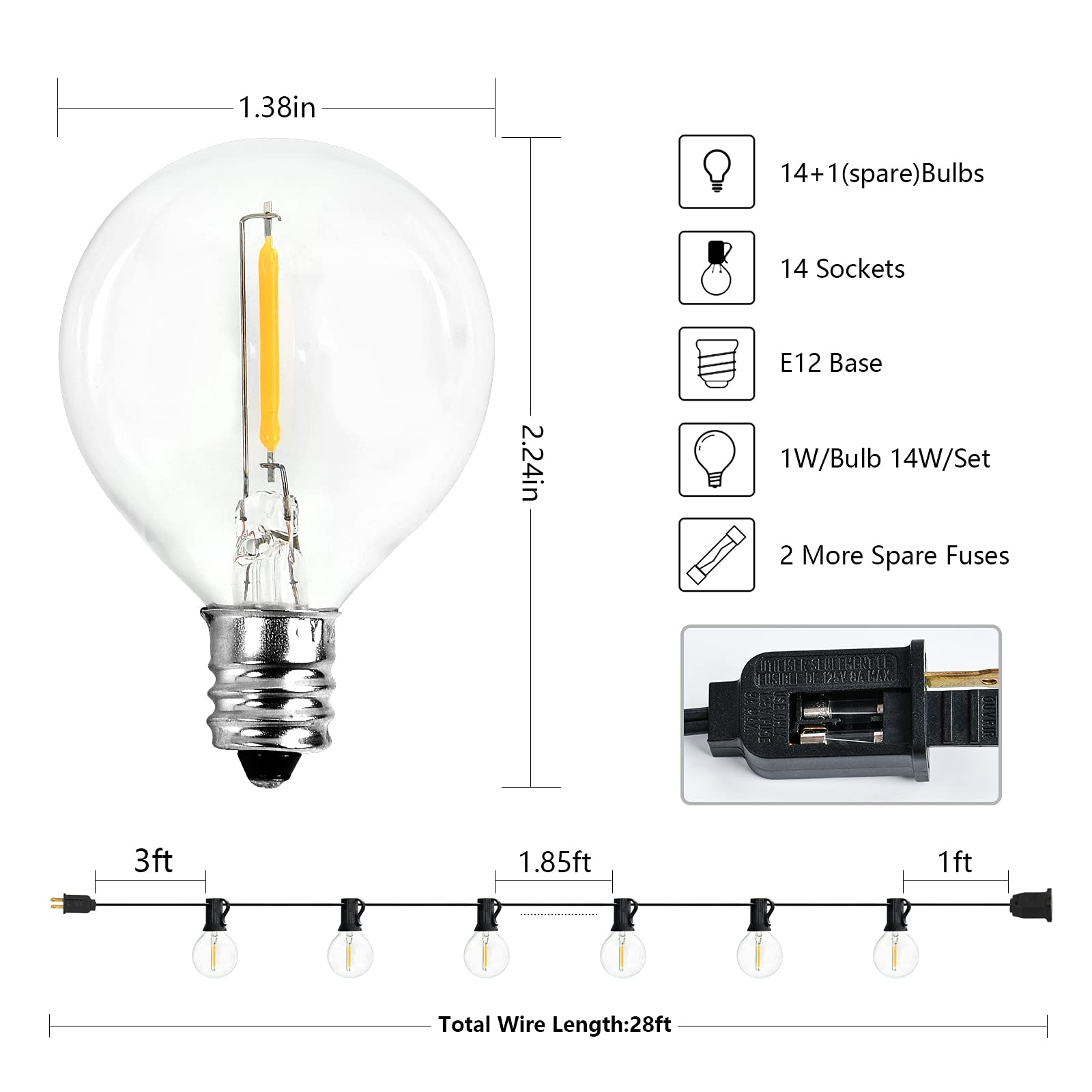 Outdoor String Lights 28FT LED Bulbs,G40 Globe Patio Lights UL Listed Waterproof Hanging for Backyard Porch Bistro Party Decor Lighting Commercial Grade