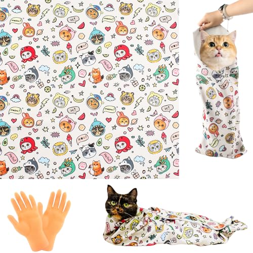 MITUKE 猫用グルーミングバッグ 猫爪切用 自己粘着性猫用ラップ 猫のお風呂バッグ 爪切り 暴れる 対策 引っかき傷防止 猫保定袋 介護 拘束バッグ 猫用品 (イエロー, 55*55cm)