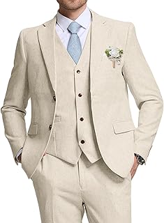 Retro Linen Suit for Men Casual Wedding Suit for Men Slim Fit 3 Pieces Jacket Blazer Vest Pant Groom Tuxedo