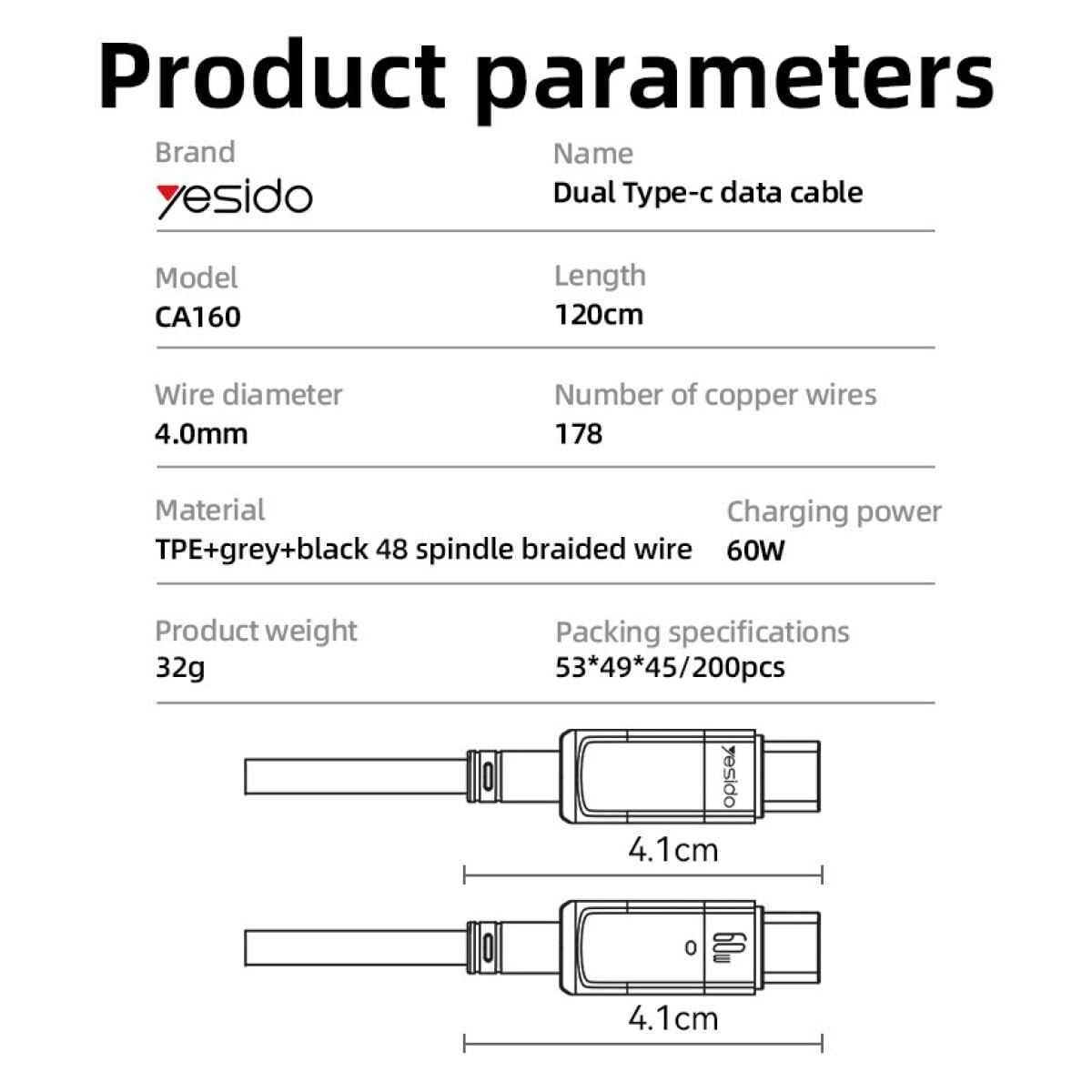 YESIDO 60W Type-C to Type-C Otomatik Şarj Kesme Özellikli PD Hızlı Şarj Kablosu, 1.2 Metre
