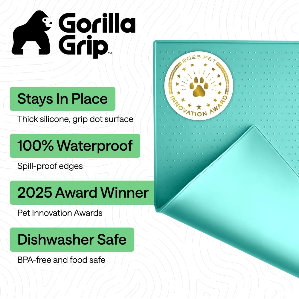 GORILLA GRIP Tappetino 100% impermeabile con bordo rialzato in silicone senza BPA, tappetino per cibo per cani e gatti, contiene fuoriuscite, protegge i pavimenti, tovagliette per cani e gatti ciotola