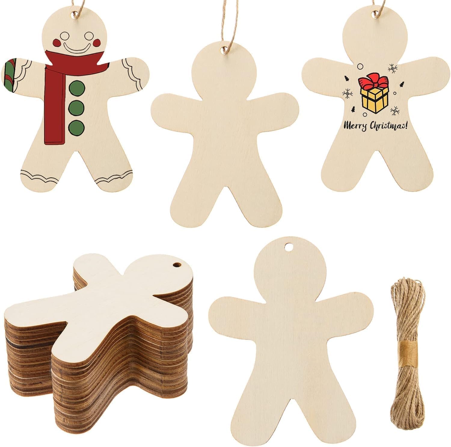 American Elm 24 Pcs Wooden Gingerbread Man Ornaments Unfinished Wood Gingerbread Man Cutouts, with Twine for DIY Crafts Tags Christmas Party Decor, 3.94x4.72 Inch