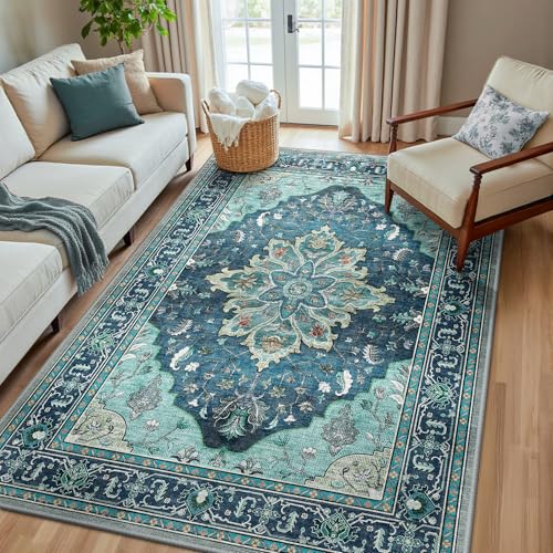 Area Rugs 5'x8' Washable Non-Slip, Floral Vintage Distress Print Pattern Medallion Carpet for Living Room Bedroom Dining Room, Teal Green Lake Blue Turquoise