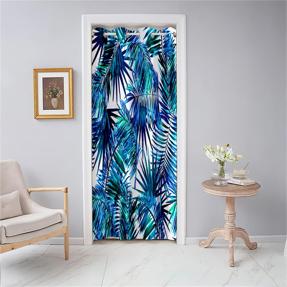 Odot Cortina de Puerta con Ojales, Cortinas Opacas para Salón y Dormitorio, Estampado Hojas de Palma Modernas, Cortina de Privacidad 1 Pieza para Vestuario Armario Puertas (80x180cm,Azul)