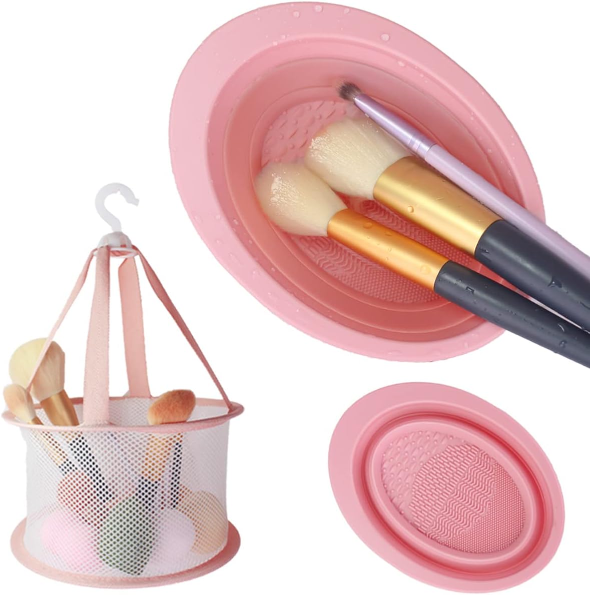 Makeup Brush Cleaning Mat & Hanging Drying Net, Foldable Silicone Makeup Brush Cleaner Brush Cleaning Pad cleaning bowl with Mesh Drying Rack Basket to dry Makeup Sponge, powder puff, brush (Pink)