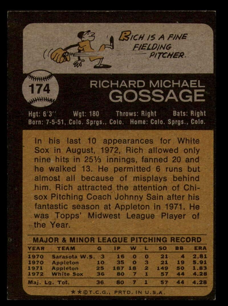 Baseball MLB 1973 Topps #174 Rich Gossage NRMT-OC RC Rookie White Sox