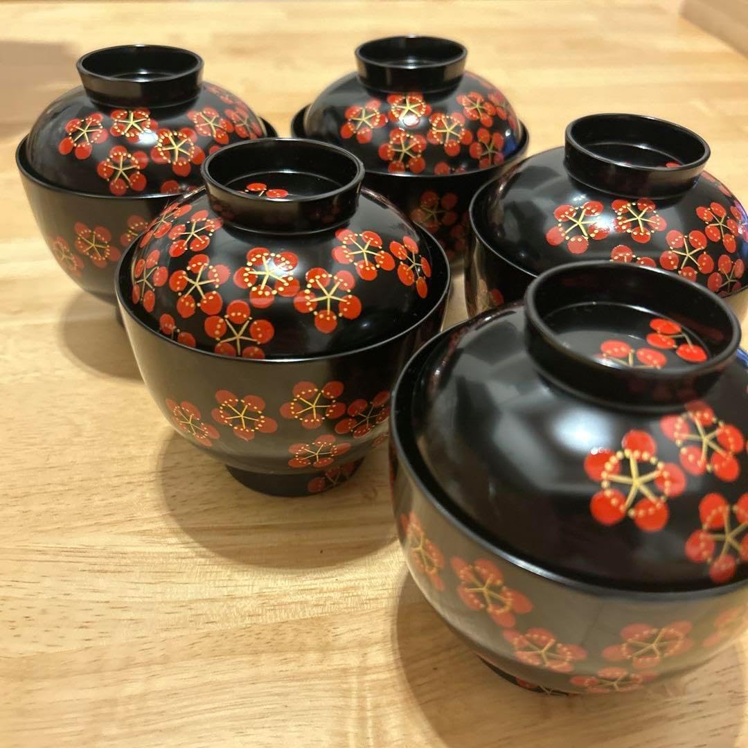 京都 平安象彦 紅梅椀 5客 梅蒔絵 小吸物椀汁椀肝