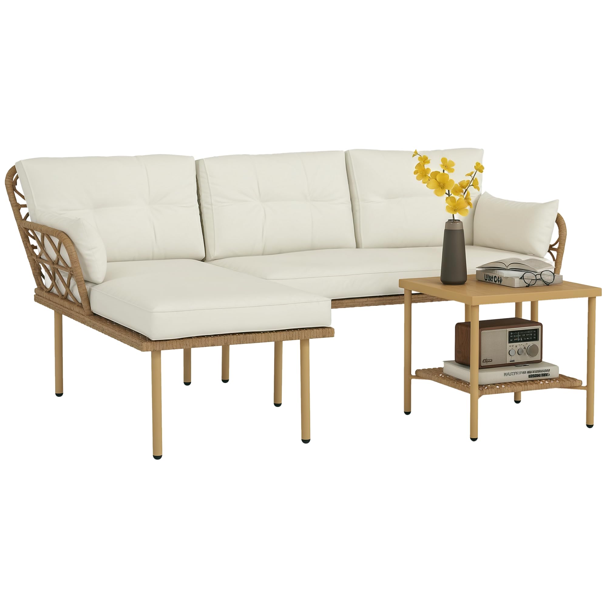 Outsunny Conjunto de Jardín de Ratán Sintético Juego de 3 Piezas Muebles de Jardín con 1 Sofá de 2 Plazas 1 Sofá Esquinera 1 Mesa de Centro Metálica y Cojines Anti-UV para Patio Natural y Crema