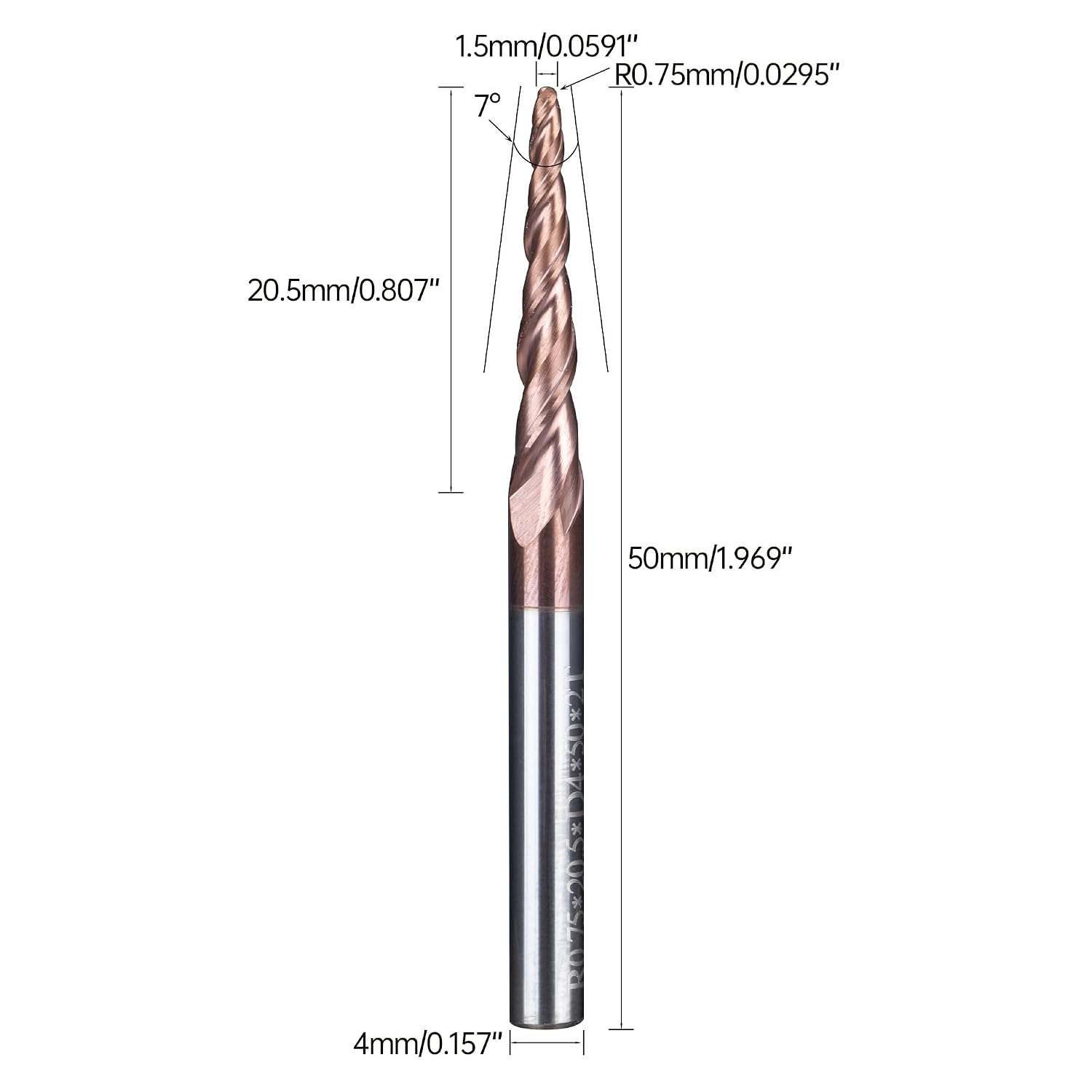HUHAO Spiral Tapered Ball Nose Spiral Router Bit for CNC, 3.5Deg 1/16" Tip Dia, 2 Flute and 4/5 inch Cutting Length 1/6 inch Shank Carbide End Mill for Wood 2D/3D Carving