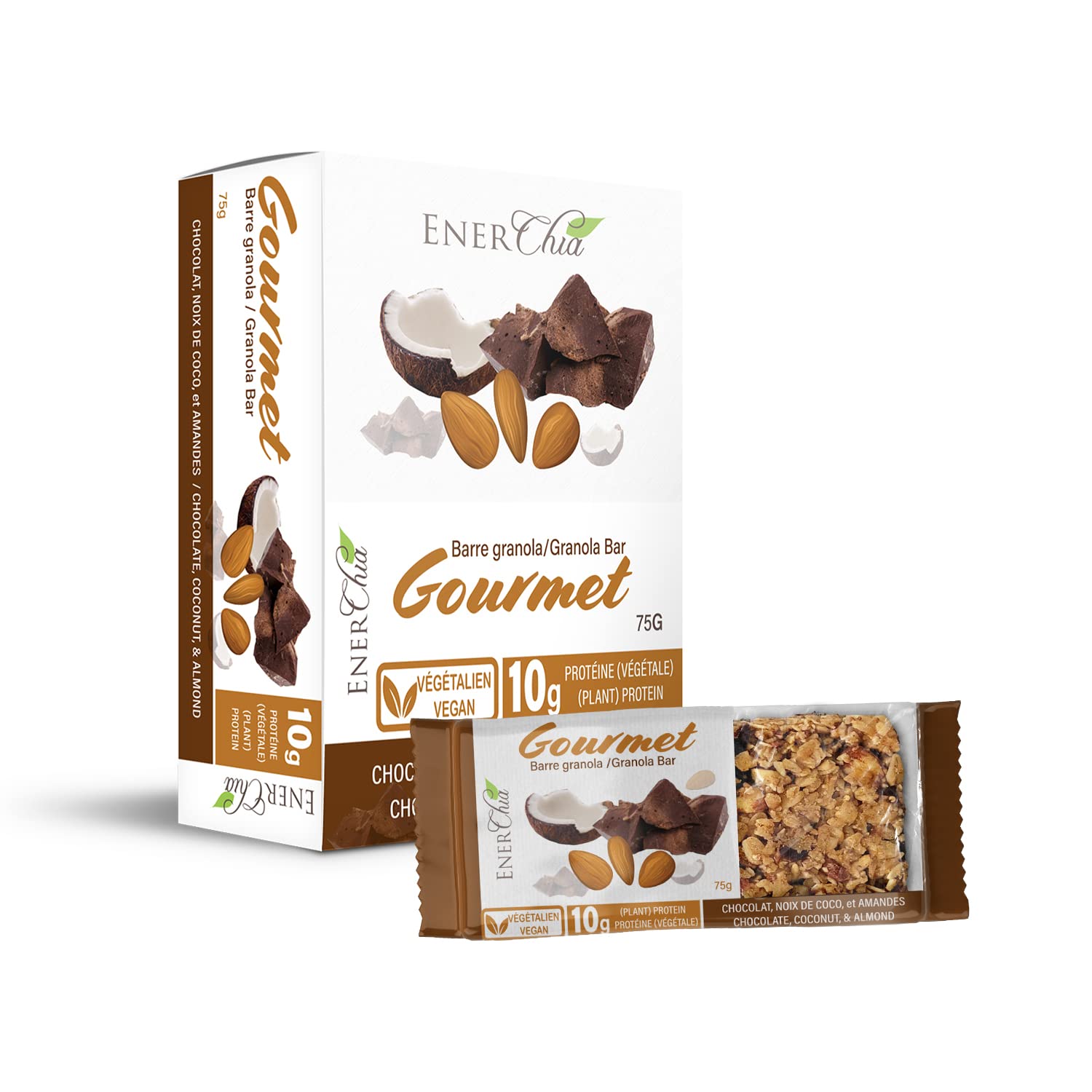 ENERCHIA Gourmet Granola Power Bar - Dark Chocolate, Coconut & Almond - Vegan Protein Breakfast Bar (10g protein per 75g Snack Bar, Pack of 12)