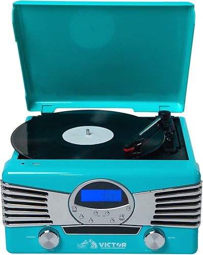 Victor VHRP-1400 Diner Centro de música de tocadiscos 7 en 1 con reproductor de discos, reproductor de CDMP3, radio AMFM, Bluetooth, reproducción y