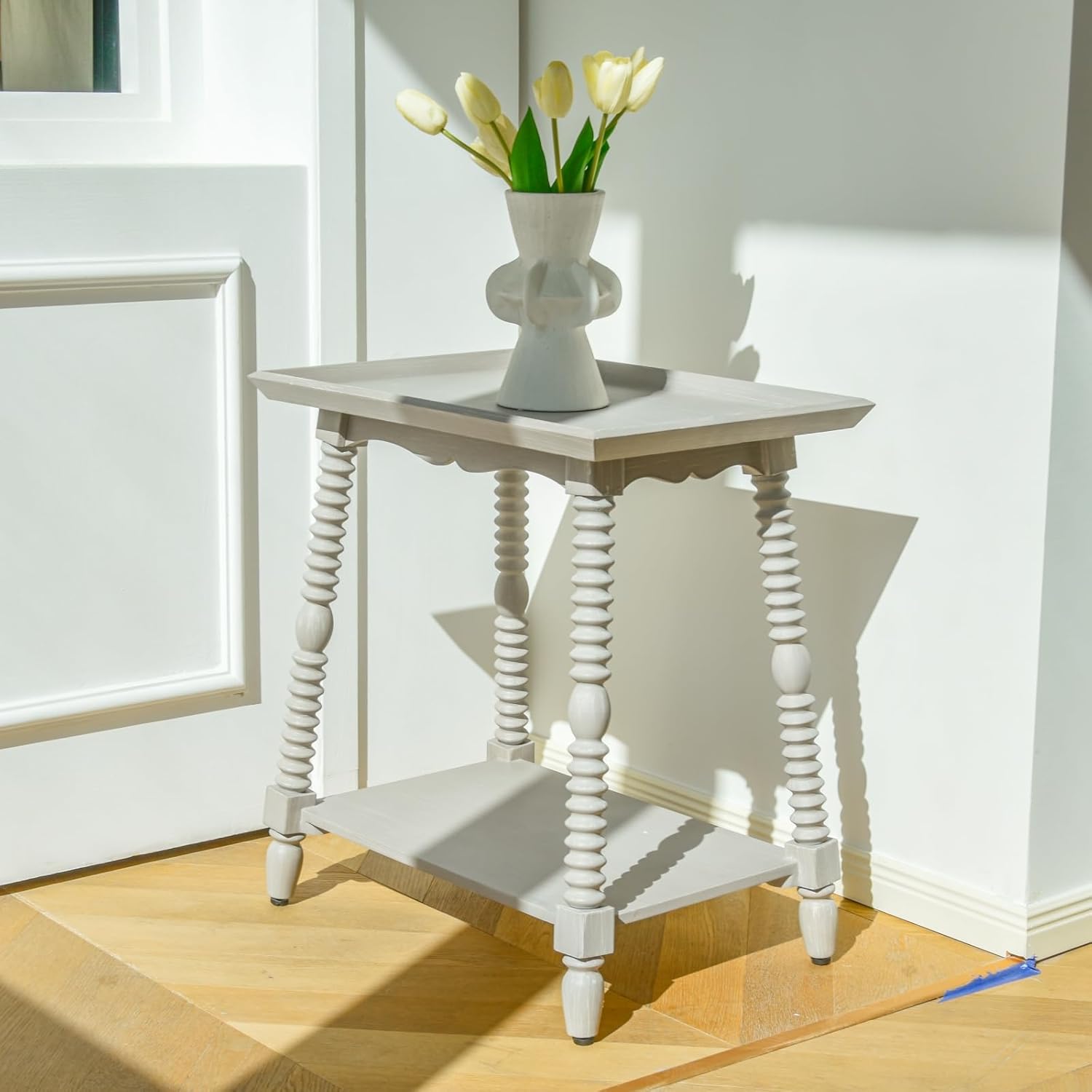 End Table, Narrow Side Table with 2-Tier Storage, Vintage Wood Side Table with Raised Edge Top, Nightstand Accent Table for Living Room, Bedroom, Small Spaces, 22"x15"x23.75", Gray