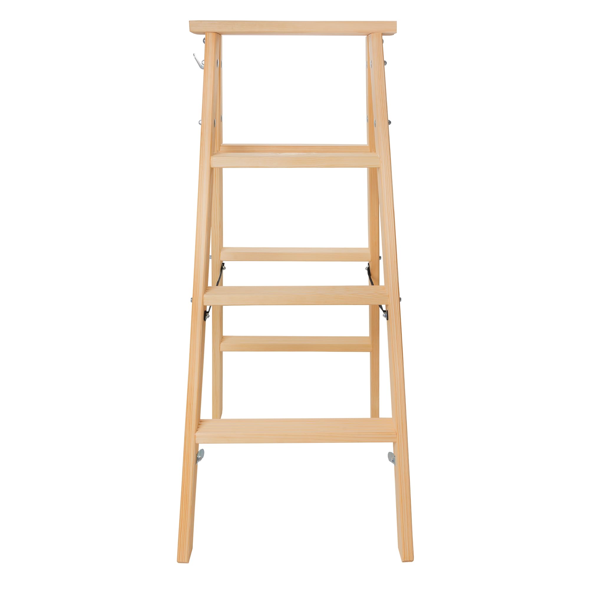 KADAX Klappbare Holzleiter, 4-stufige Malerleiter mit Stahlhaken, Stehleiter für Haushalt und Garten