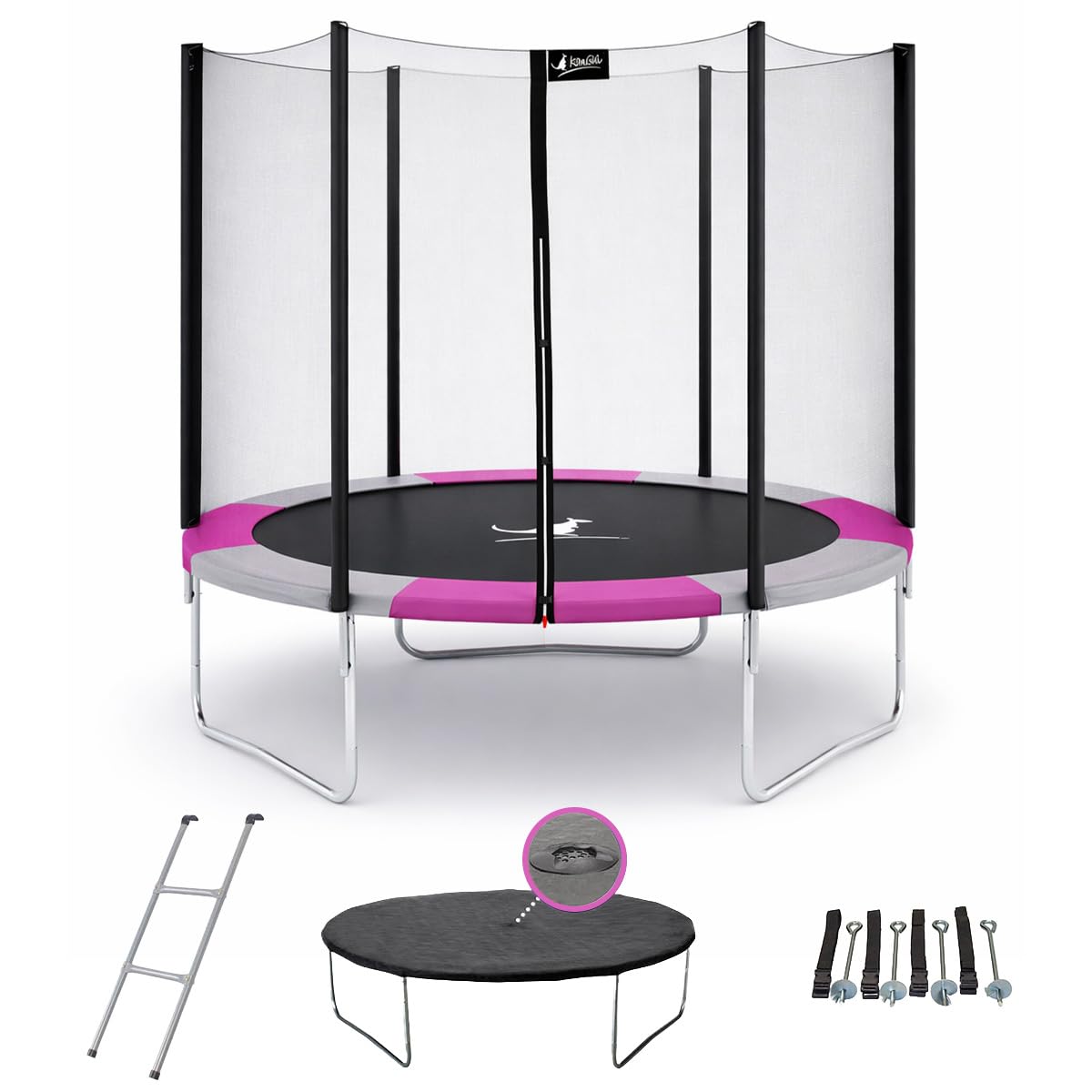 KANGUI Trampoline extérieur Gris/Rose avec Filet, échelle, bâche et kit d’ancrage – Ø250, Ø300, Ø360, Ø430 cm – RALLI