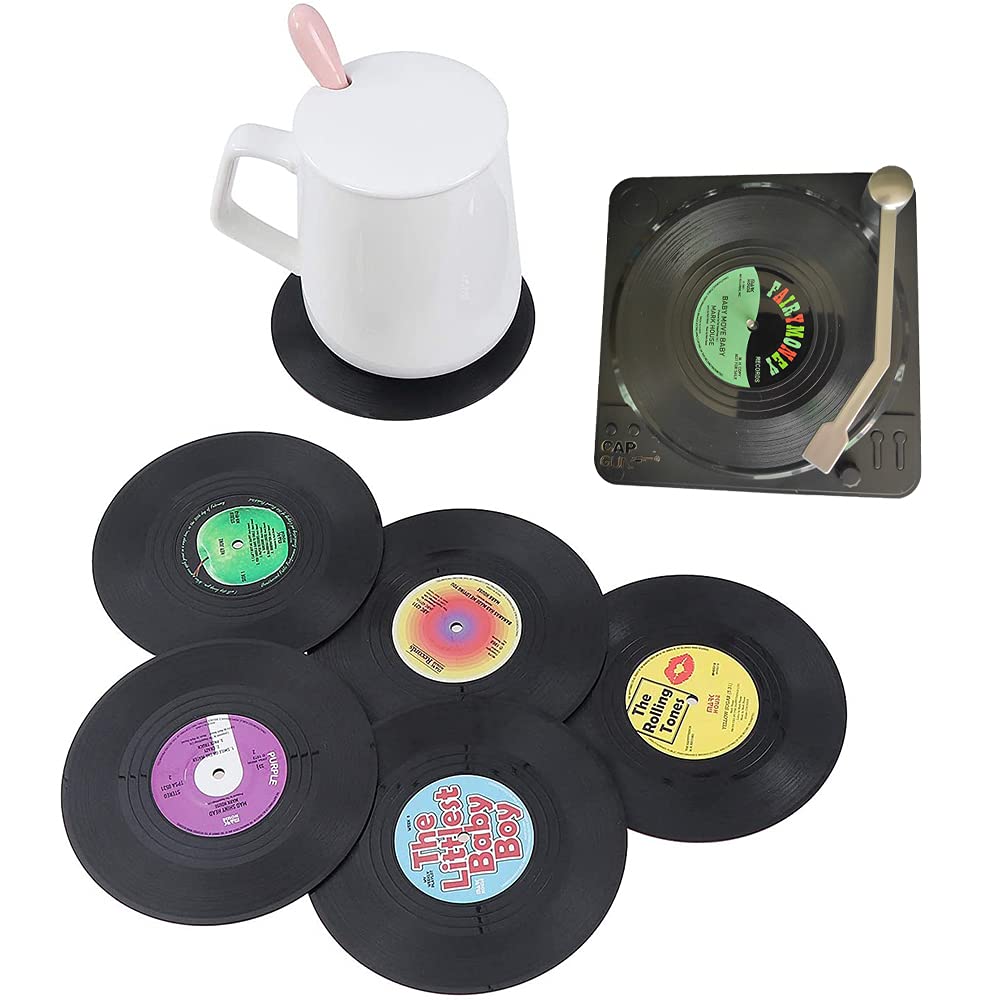 DFGF Retro Vinyl Coasters, Non-Slip Coasters, Retro Coasters Set Of 6, Classic Cup Mat, Non-Slip Retro Record Coasters For Coffee Cup, Tea Cup, Beer Mug (Black)