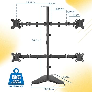 ergoflex EF44 Steel Design 2-8 Kg Quad Ekran Asansörlü 13-27inch Desktop Monitör Standı, Siyah