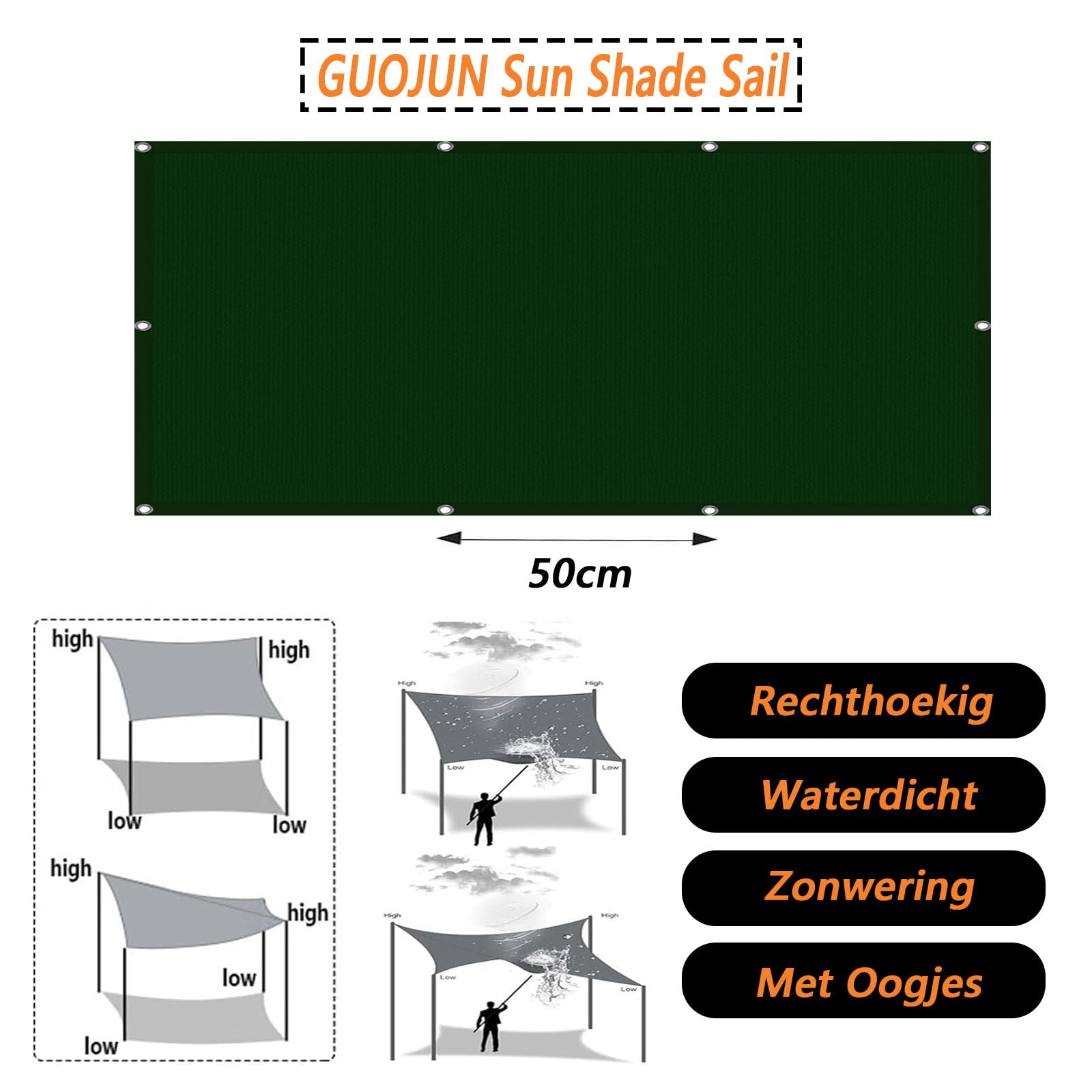 Vela Ombreggiante 0.8 x 4 m Impermeabile, Protezione Solare Anti UV Rete Telo Ombra, Rete Ombreggiante con Occhielli, Fune, Antistrappo per Esterno Giardino, Verde Scuro