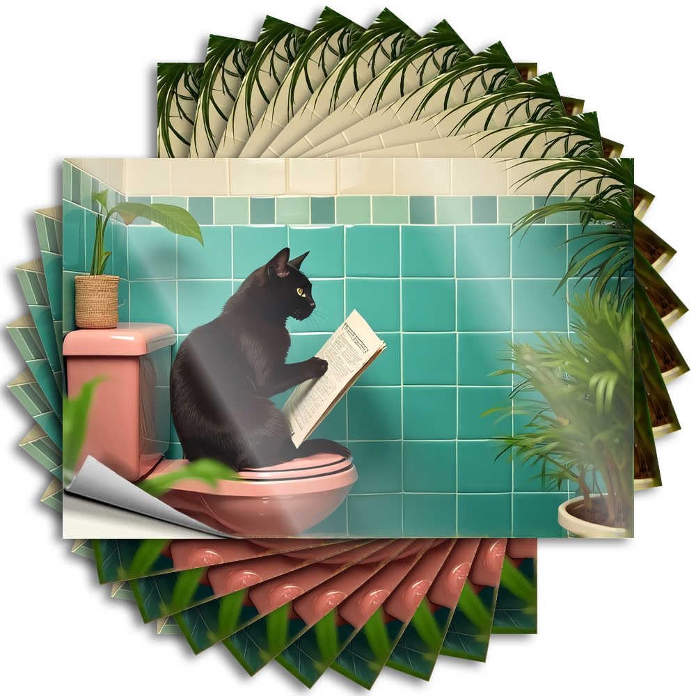 Lettering Sticker Space Room Decor | Optical Illusion Water Black Cat Reading in Pastel Bathroom for Science(12X18CM)