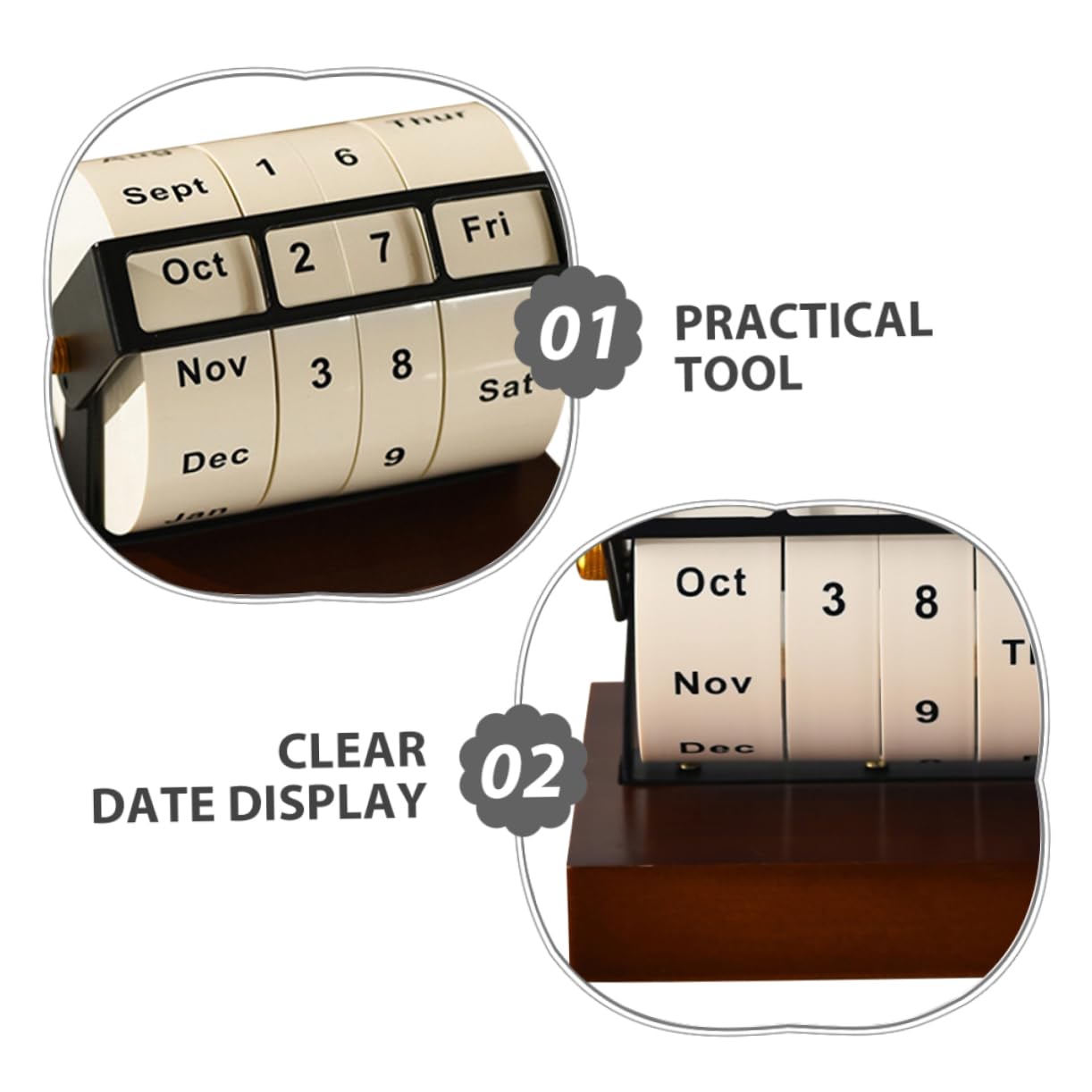 Calendario perpetuo vintage: scrivania girevole in metallo, calendario a blocchi di legno rotante manuale per la scrivania in ufficio a casa, data, settimana, mese