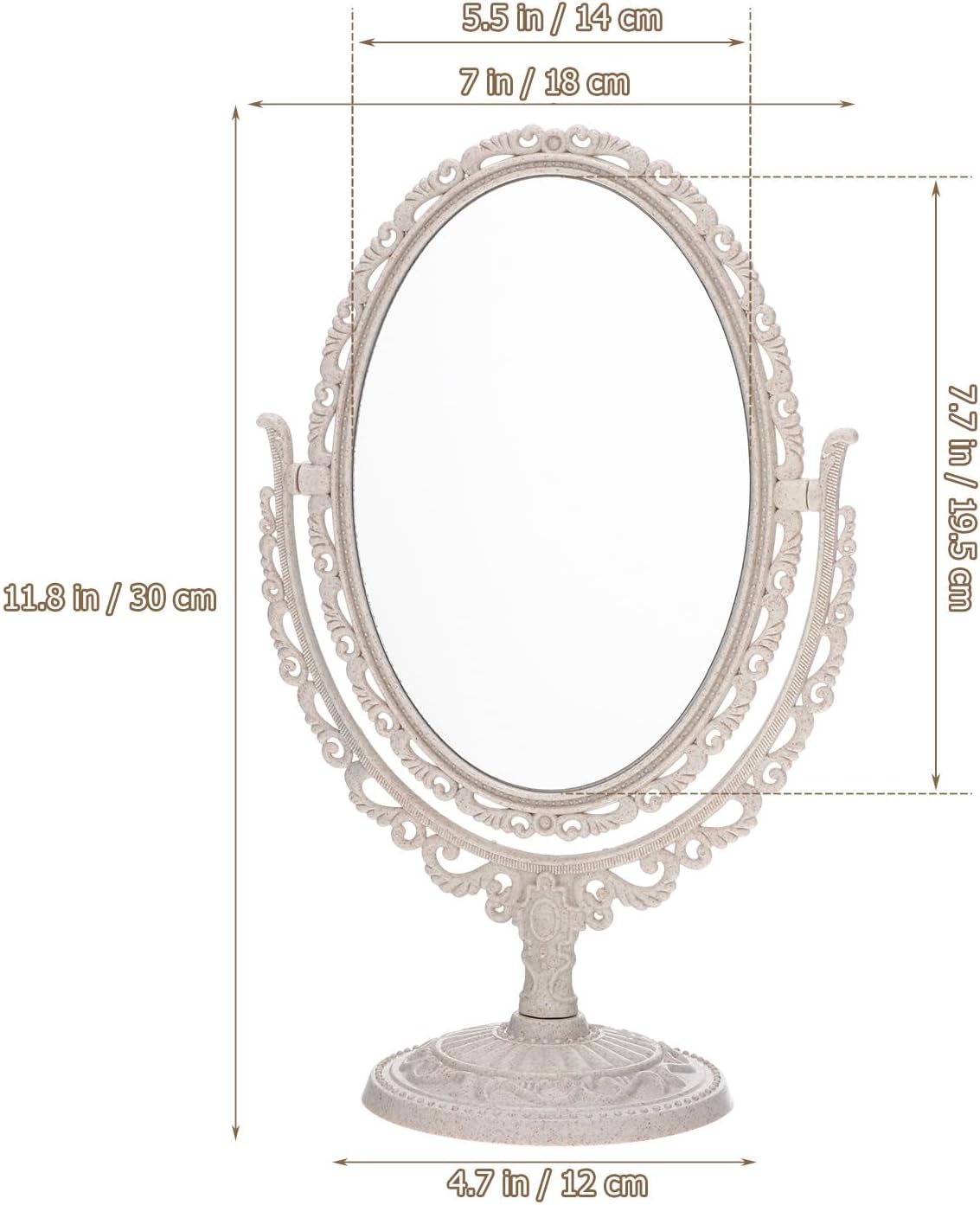 Uonlytech Oval Dressing Mirror Tabletop Makeup Mirror, Vintage Oval Shaped Makeup Mirror Swivel Cosmetic Mirror with 360 Degree Rotation for Women Travel Bedroom, Beige
