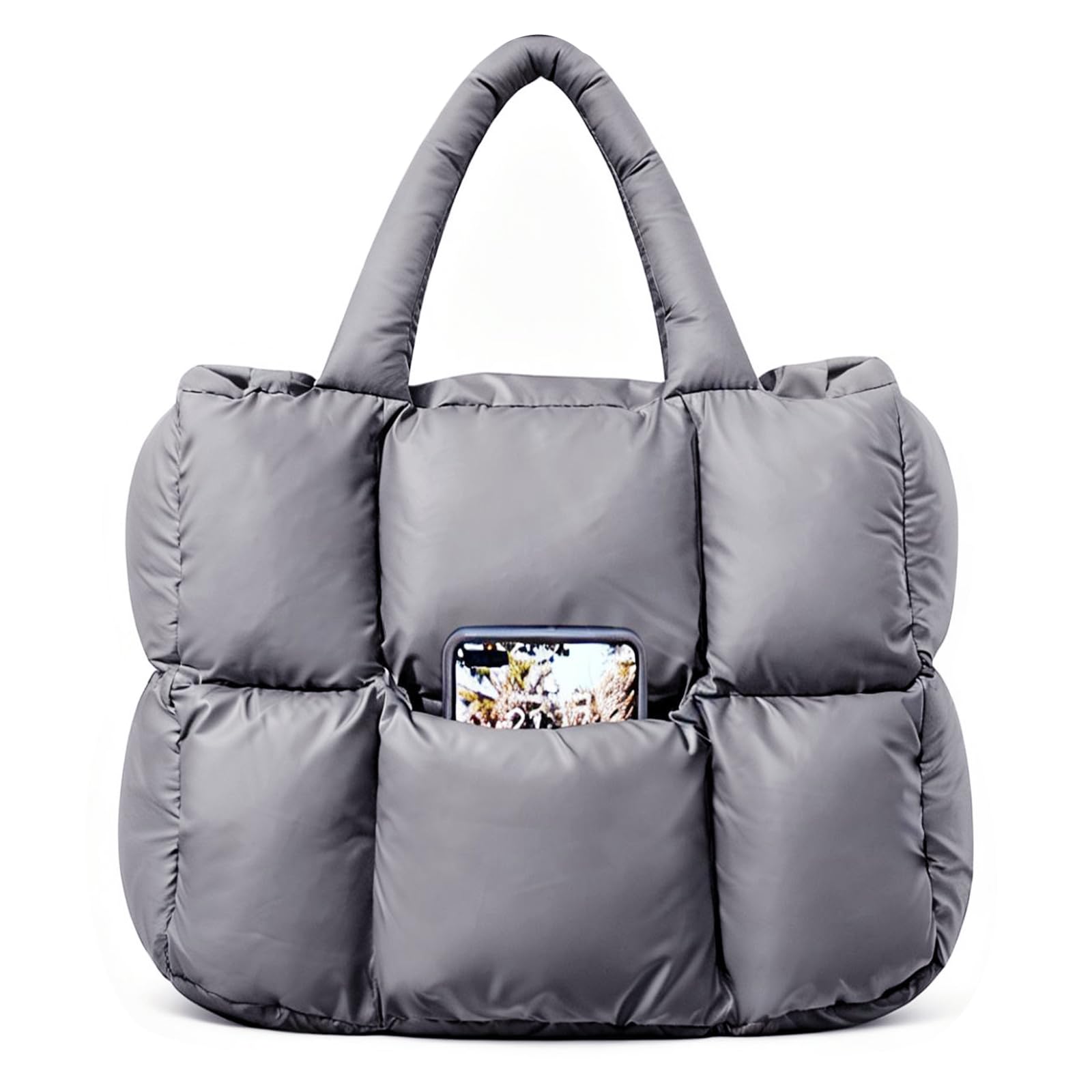 Puffer Tote Bag for Women, Quilted Shoulder handbag for Travel, Work, Gym | nylon lightweight bag, waterproof, cloudy, zipper, compartments, nurse bag, adjustable crossbody strap