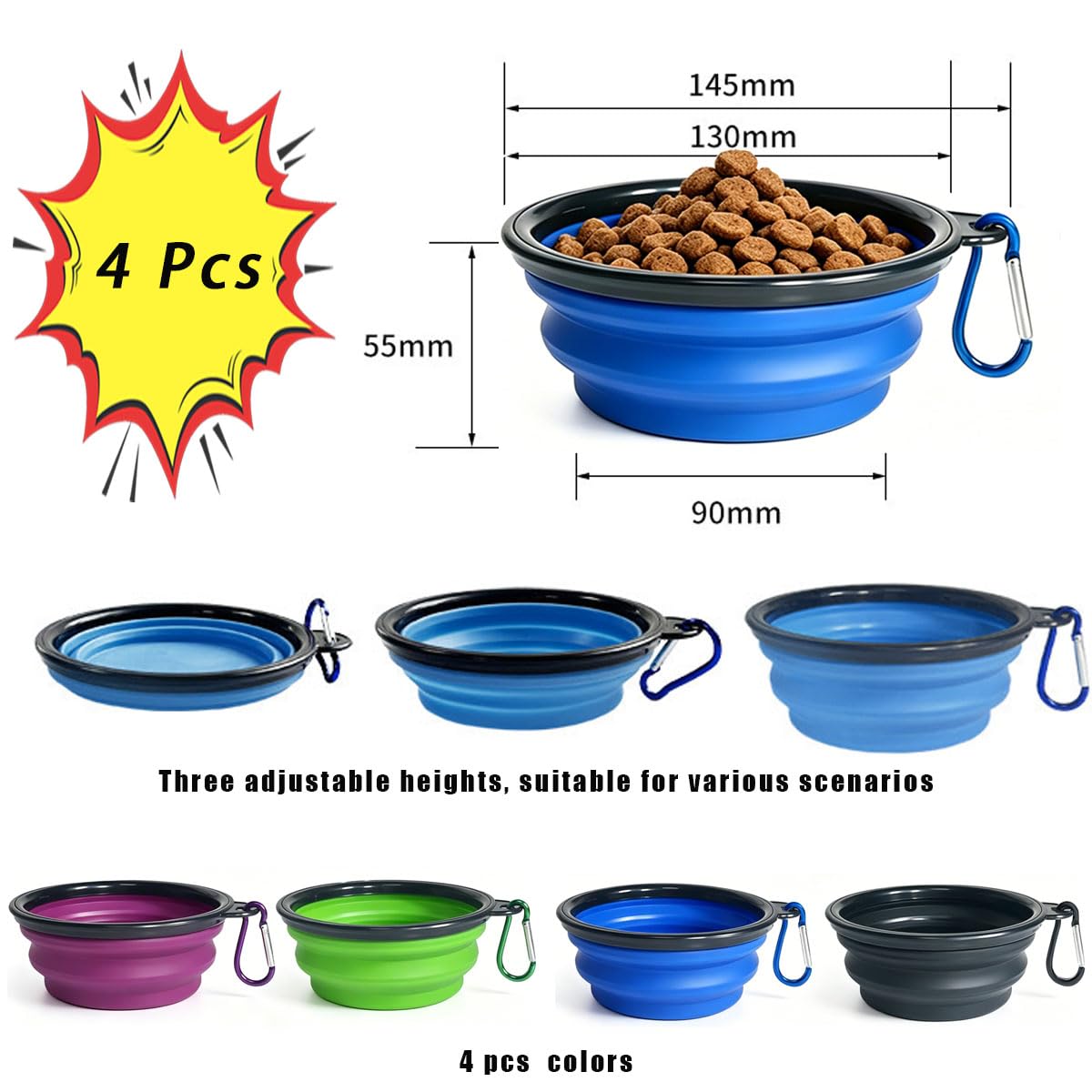 Ciotole pieghevoli per cani, 4 pezzi, 350 ml, in silicone espandibile, diametro 14,5 cm, ciotola portatile da viaggio con moschettone, per cuccioli, gatti, escursioni, campeggio