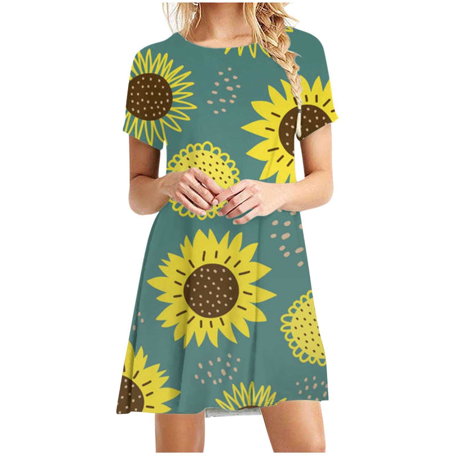 Generic Vestidos de manga corta para mujer, vestidos de flores con bloques de color para mujer, cuello redondo, vestidos hawaianos midi, 2024