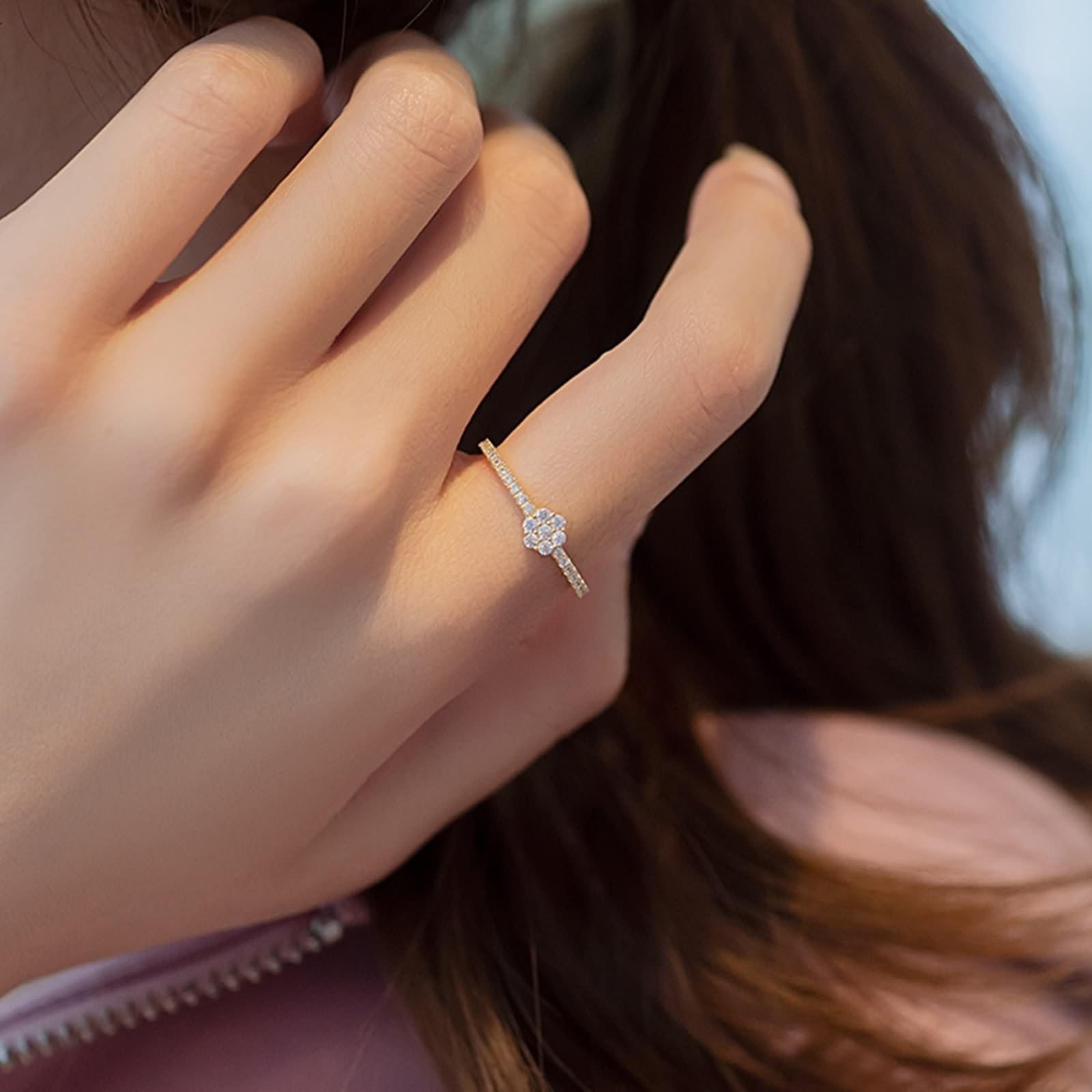 14 Karat Gelbgold Damenringe Diamant Weiß, Promise Ring mit Blumen-Zirkonia