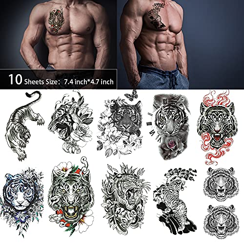 50 Sheets Forearm Half Sleeve Tiger Temporary Tattoos For Men Women Adults Fake Tattoos 3D Large Tribal Tiger Fake Tattoo Stickers Black Realistic Animals Art Tattoo #TOP1