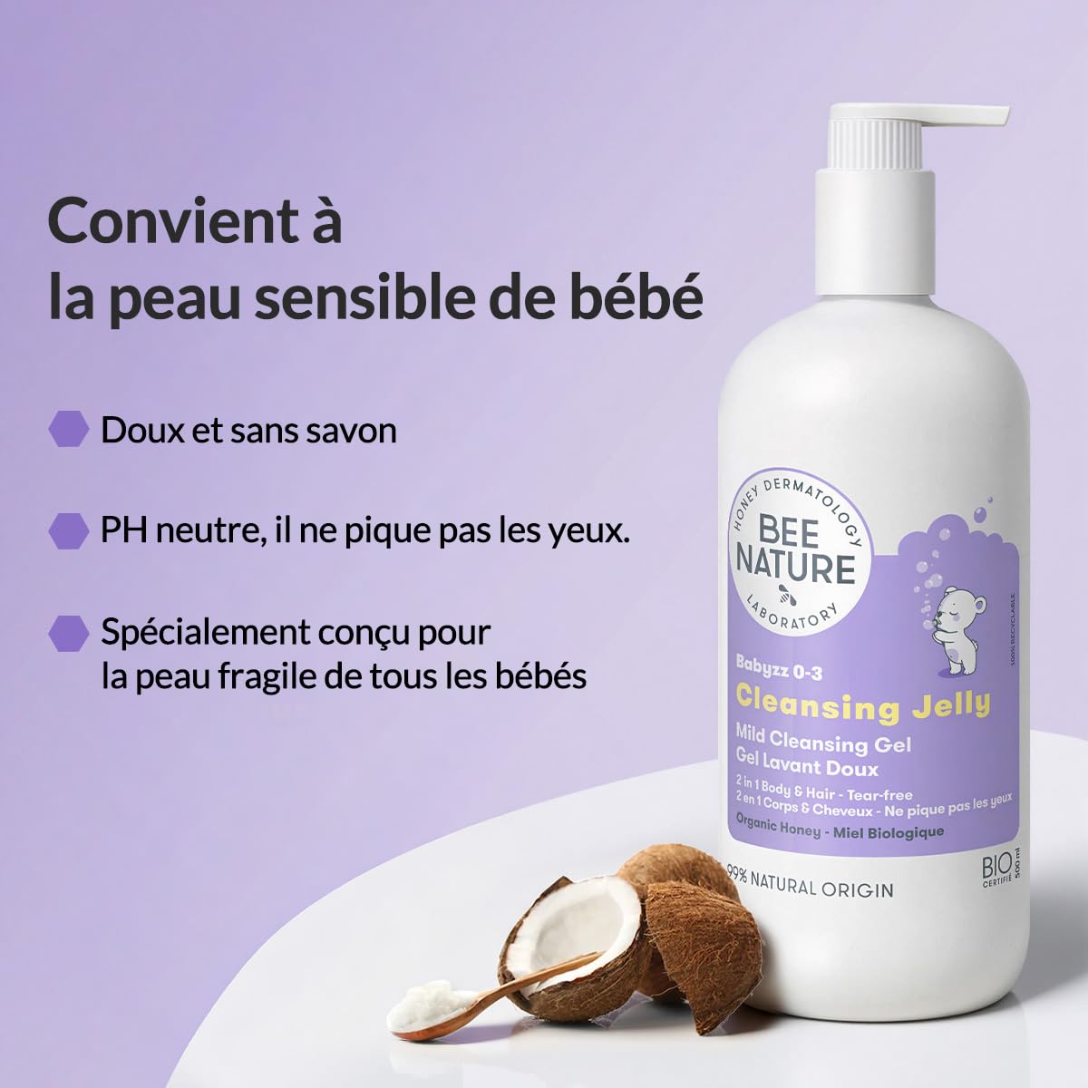 Bee Nature - Gel Lavant Doux Bébé - 2 en 1 - Hydratant et Sans Larmes - Soulager Eczéma - Miel Médical Stérile Sécuritaire - Certifié BIO - YUKA 100/100-99% Naturelle - 500ml