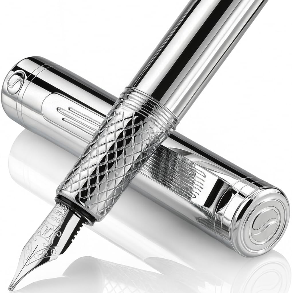 Scriveiner 高級 EDC　万年筆（ミディアム） 華やか 重厚感 ポケット ペン クローム仕上げ Schmidt ドイツ製ペン先 コンバーター 最高のライティングペン ギフトセット 男性用 女性用 素敵 おしゃれ オフィス デザイナー ペン