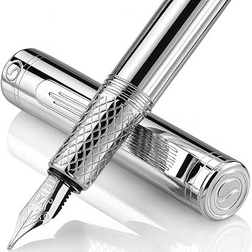 Scriveiner Silver Chrome Fountain Pen Medium, Award Winning Luxury Pen, Heavy Pocket Pen, Chrome Finish, Schmidt Nib, Converter, Best EDC Writing Pen Gift Set for Men & Women, Nice Office Fancy Pen
