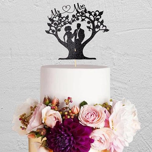 Miniatura 3 de Romántico Mr & Mrs Under the Tree - Decoración para tarta de boda, novia y novio, divertidas decoraciones de fiesta de amor para tartas, purpurina